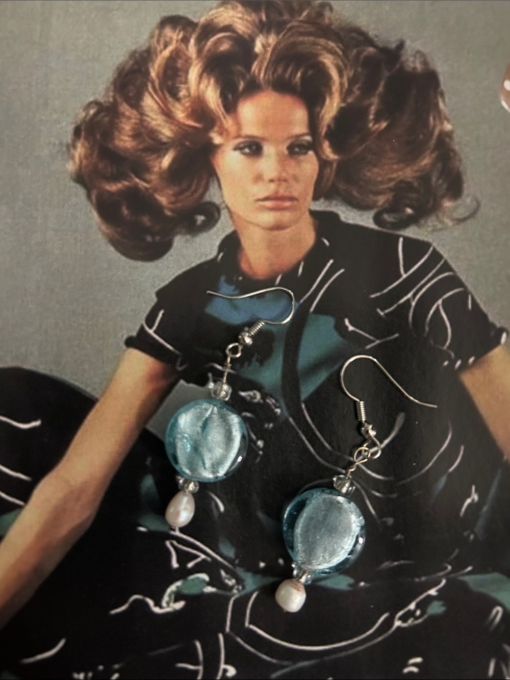Vintage Blue Glass Disc and Pearl Drop Earrings